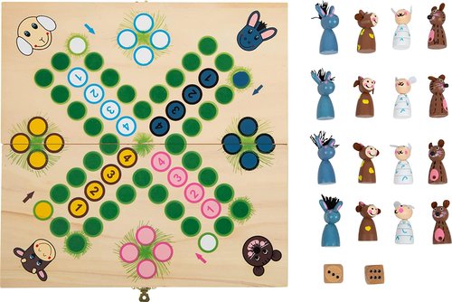 aufgebautes Brettspiel aus Holz mit Figuren