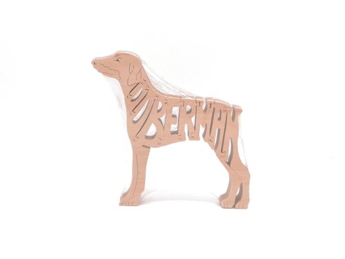 Holzfigur von Hunderasse Dobermann mit Schriftzug Dobermann