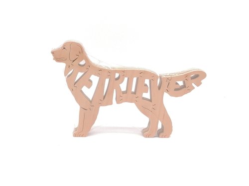 Holzfigur von Hunderasse Goldennretriever mit Schriftzug Golden Retriever