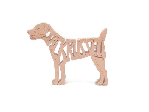 Holzfigur von Hunderasse Jackrussel mit Schriftzug Jackrussel