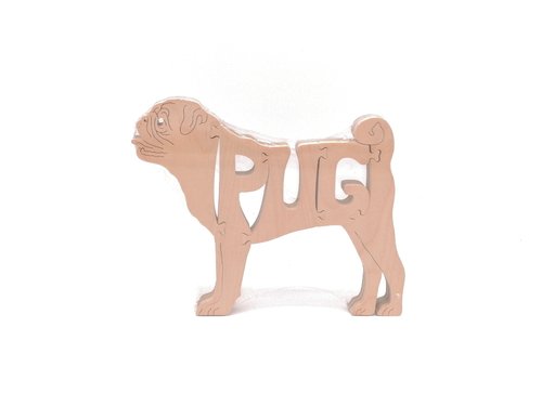 Holzfigur von Hunderasse Pug mit Schriftzug Pug