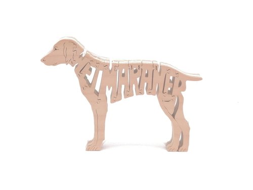 Holzfigur von Hunderasse Weimaraner mit Schriftzug Weimaraner